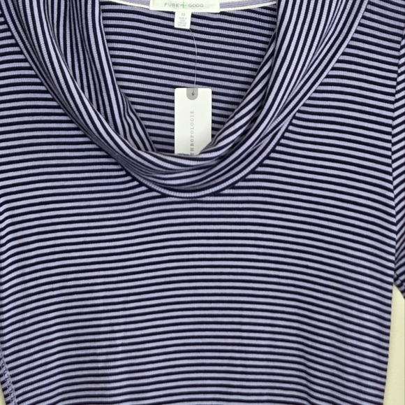 Anthropologie Pure + Good | Navy Blue Lavender Purple Striped Cowl Neck Top - Picture 3 of 7